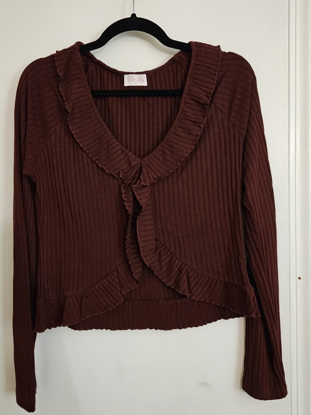 Pink Lily Ribbed Ruffle-Trim Cardigan in Deep Brown